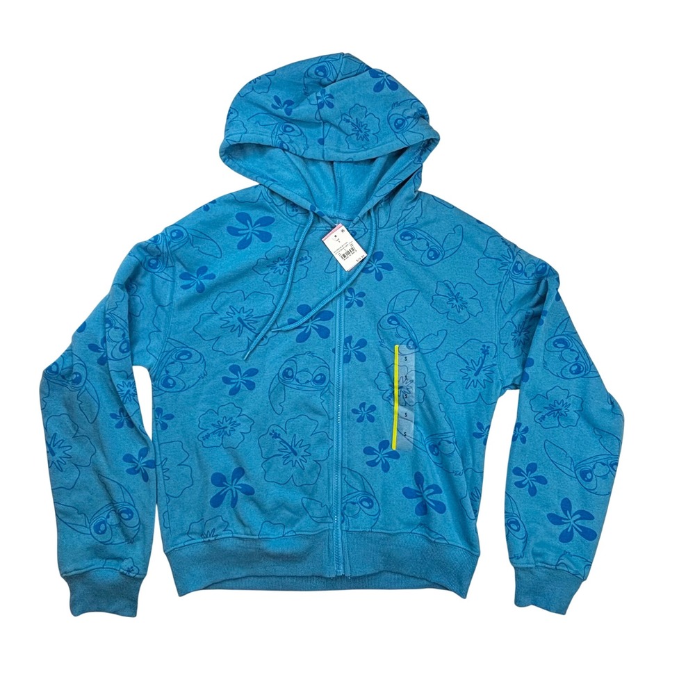NWT Disney Stitch Blue Hibiscus Floral Zip Up Hoodie Sweatshirt S